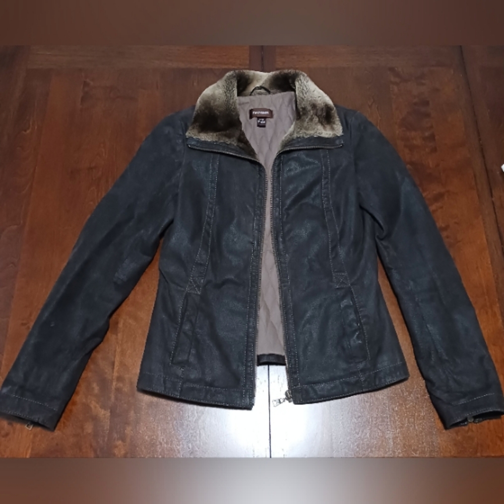 Danier Dark Brown Genuine Leather Jacket with Faux Fur Collar